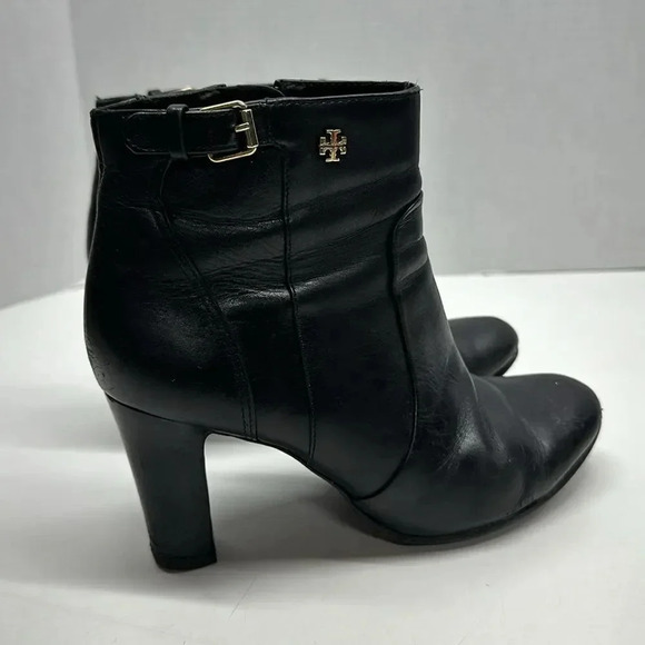 Tory Burch Milan Ankle Boots Block High Heel Booties Leather Black Gold  7.5 - Picture 4 of 11
